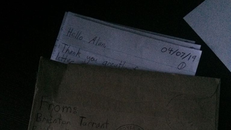 Portion of a photo posted to 4Chan this week showing a letter from accused white supremacist terrorist Brenton Tarrant